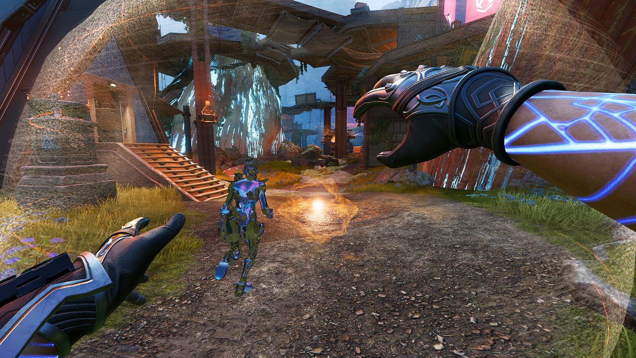 A first-person view of a Legend casting a shield dome