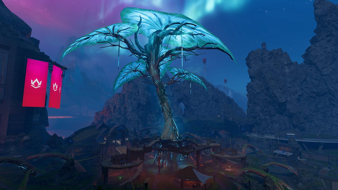 A giant glowing tree over a dark city on Broken Moon