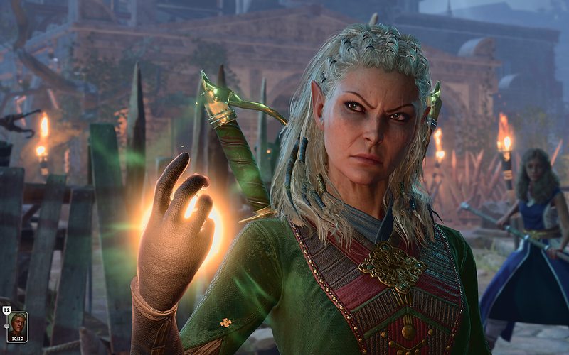 An elf casting a glowing spell in a torchlit camp