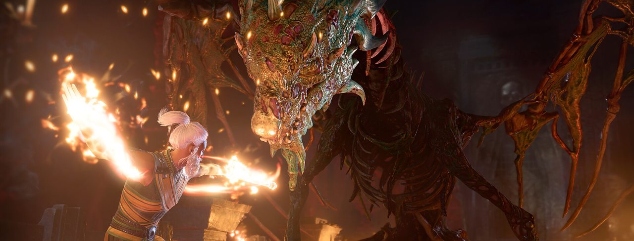 Karlach casting fire at a dragon in a burning hall