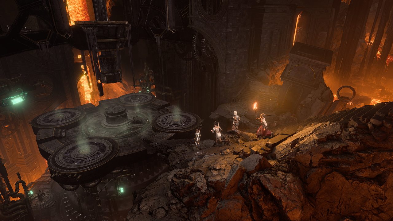 A party of adventurers crossing a vast underground ruin