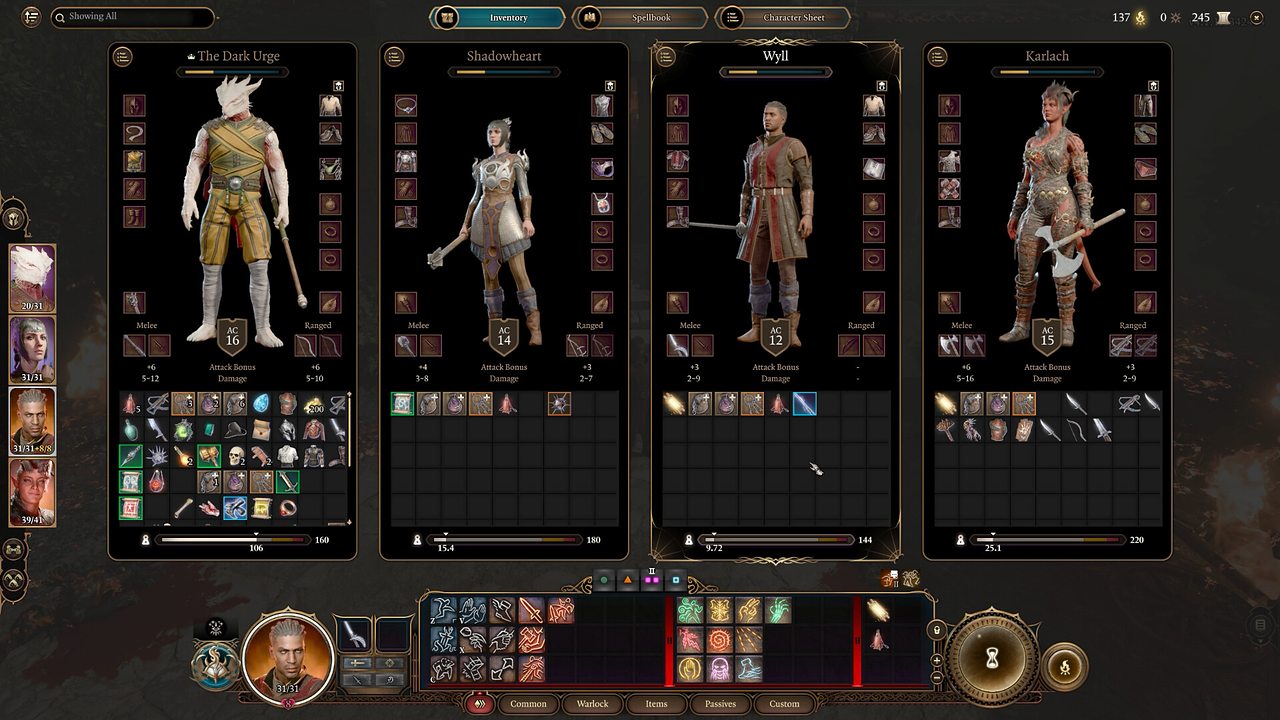 The party inventory and equipment screen