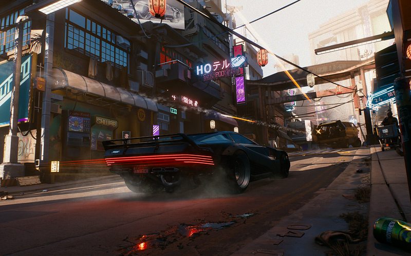 A car racing through a neon-lit Kabuki street in Night City