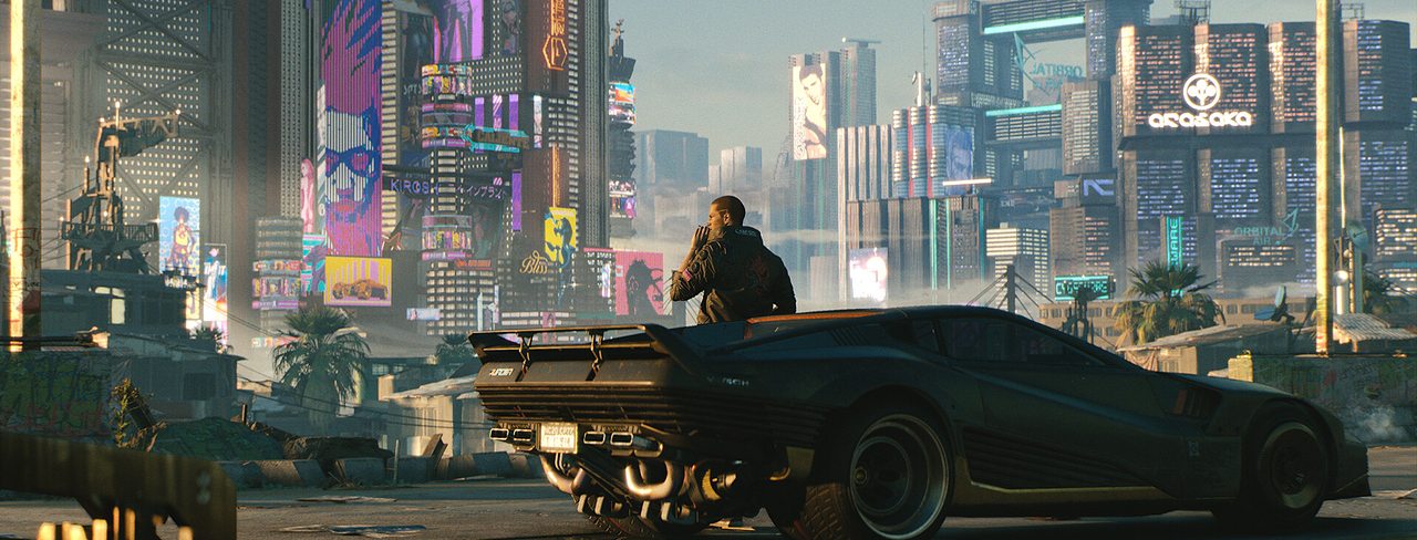 V leaning on a car at the edge of Night City, the skyline behind