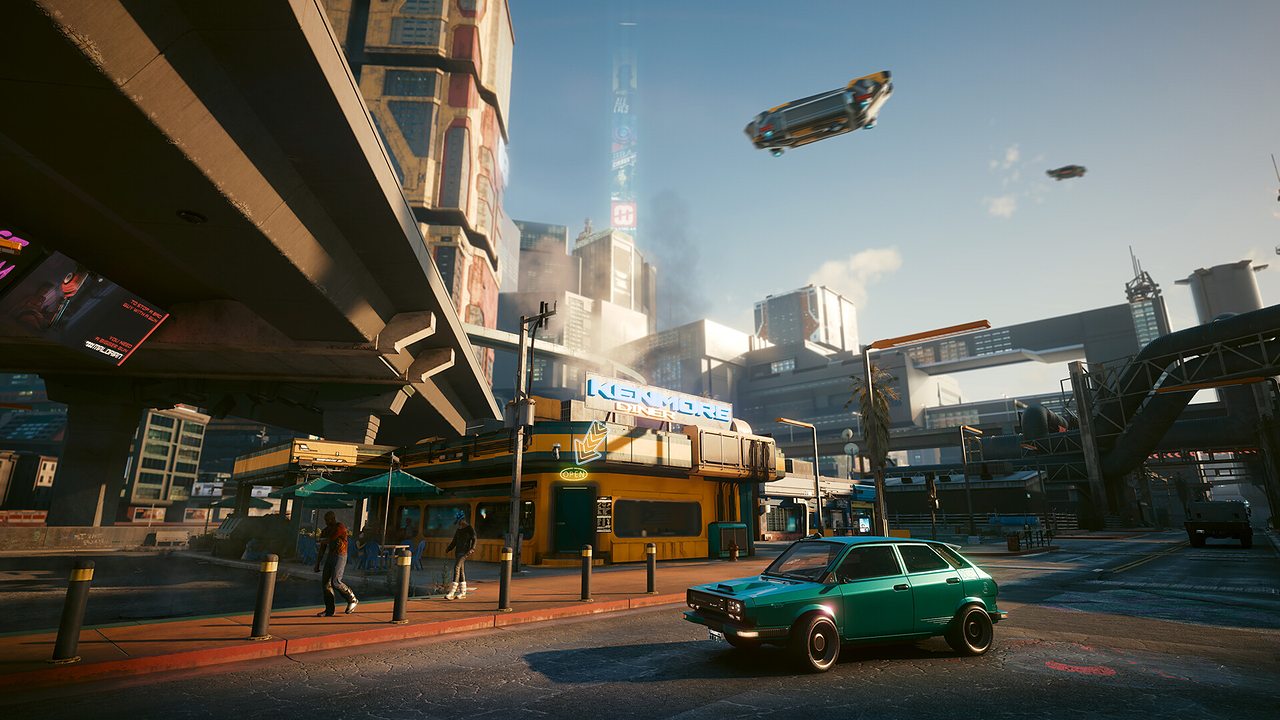A street in Night City in daylight, with a flying vehicle overhead