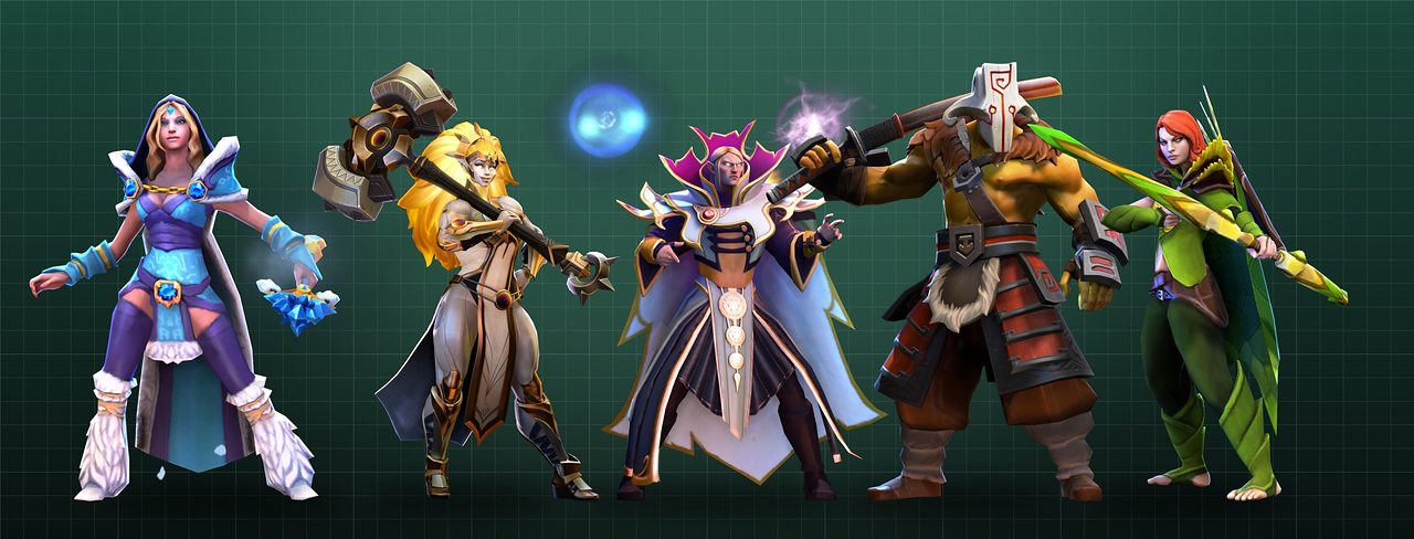 Five Dota 2 heroes lined up: Crystal Maiden, Dawnbreaker, Invoker, Juggernaut and Windrunner