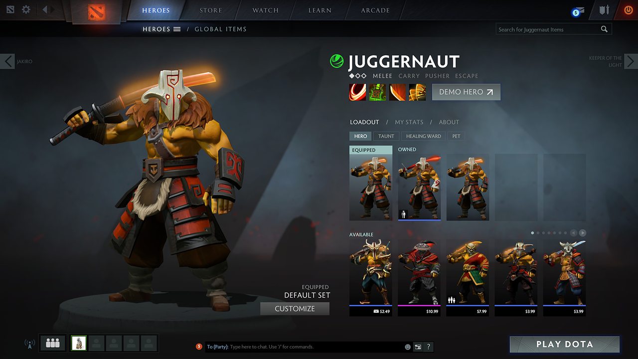 The hero screen with Juggernaut's loadout
