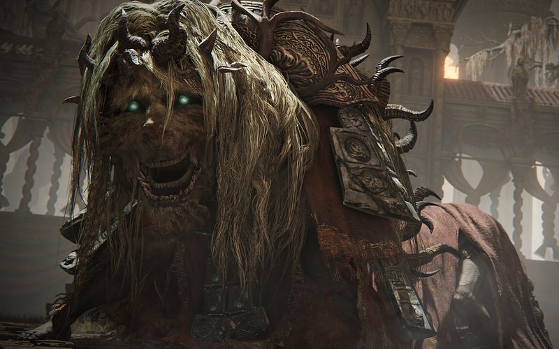 A lion-like dancing beast in a ruined hall