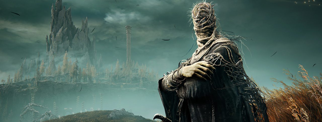 A cloaked figure on a grassy cliff before a vast castle in the Land of Shadow