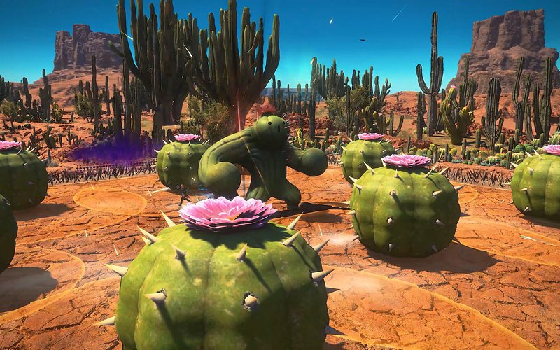 Cactus creatures in a red desert under a bright sky