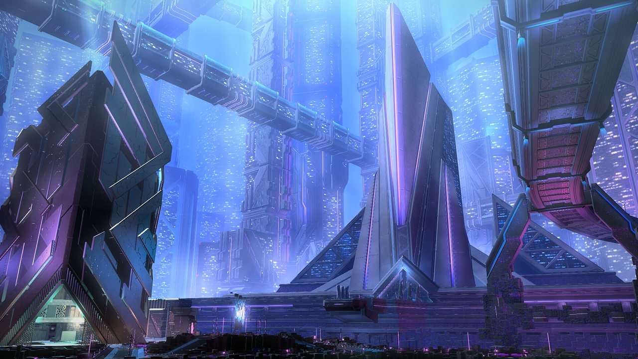 The glowing towers of a futuristic city at night