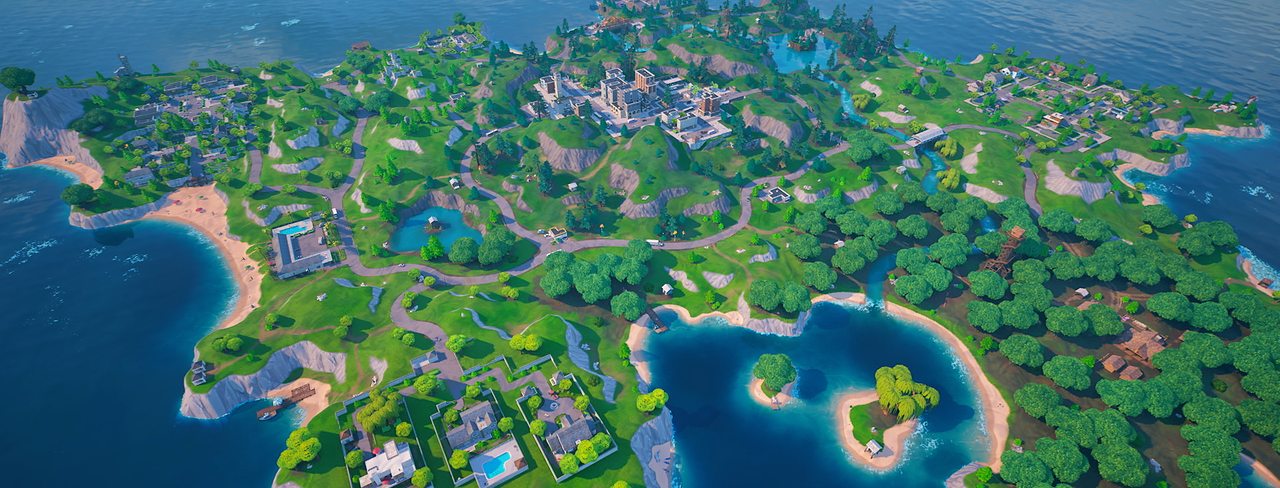 An aerial view of the Fortnite island in the sea