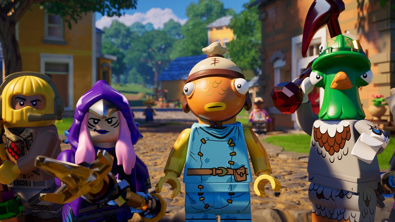 LEGO Fortnite characters in a village square
