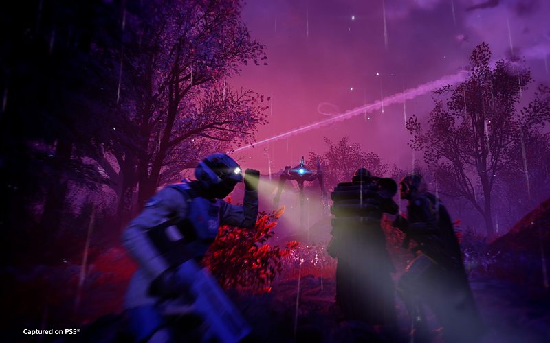 A Helldiver with a torch in a violet, rainy night