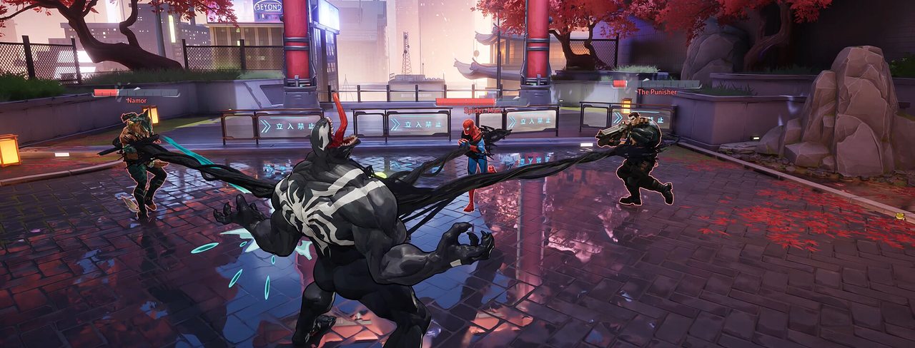 Venom fighting in a neon city of red trees