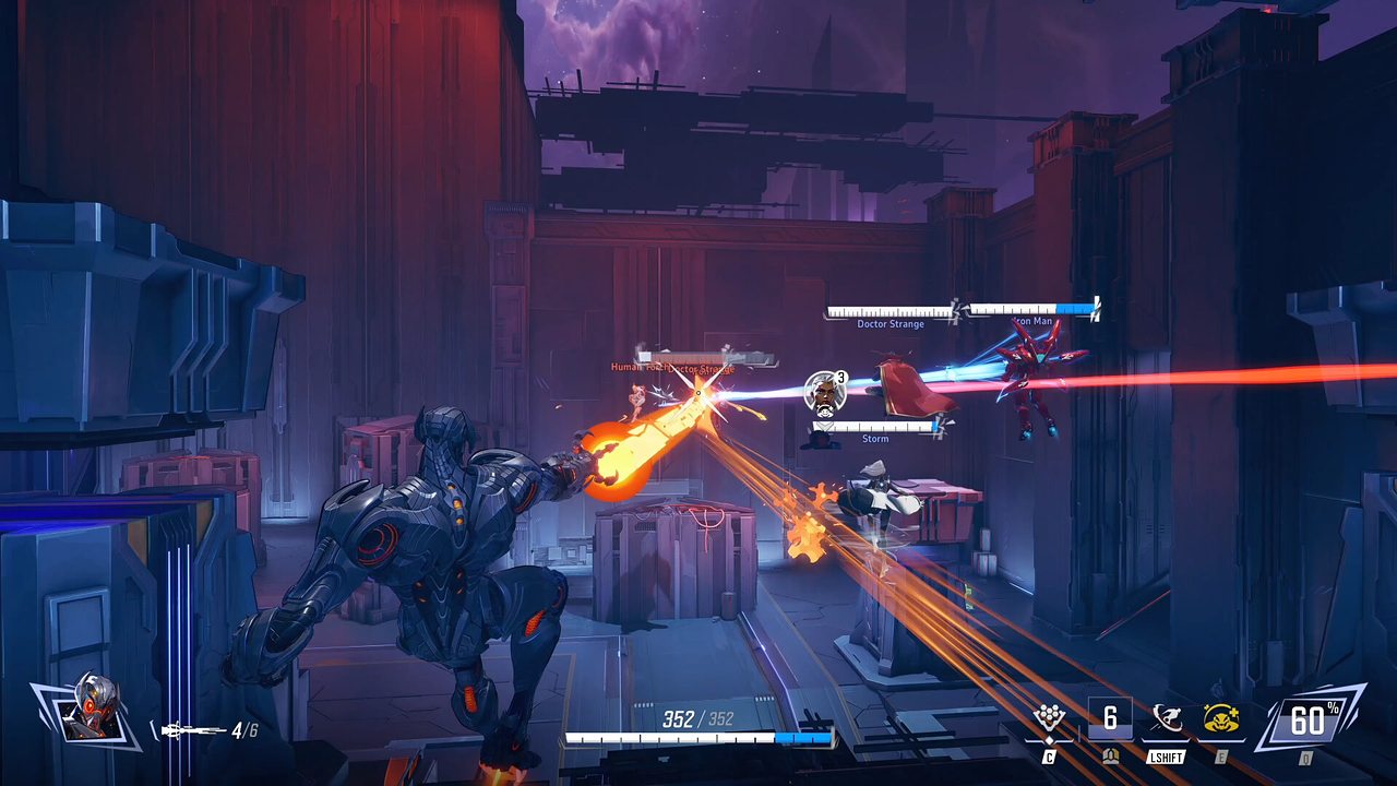 A heated team fight in a futuristic arena