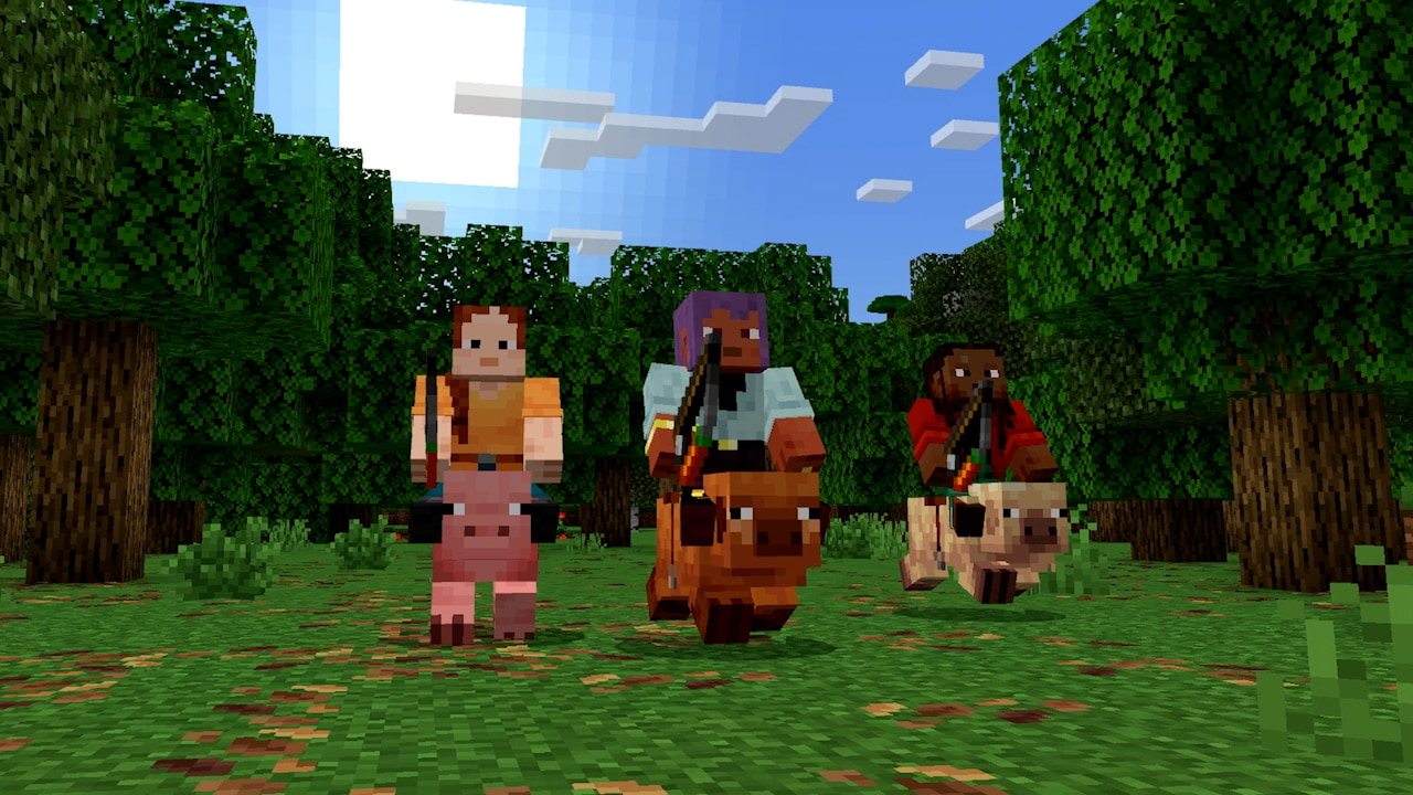 Three players riding pigs through a forest