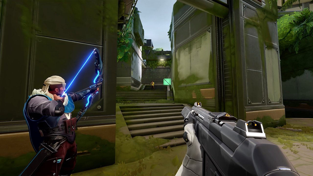 An agent drawing a glowing bow in a narrow alley